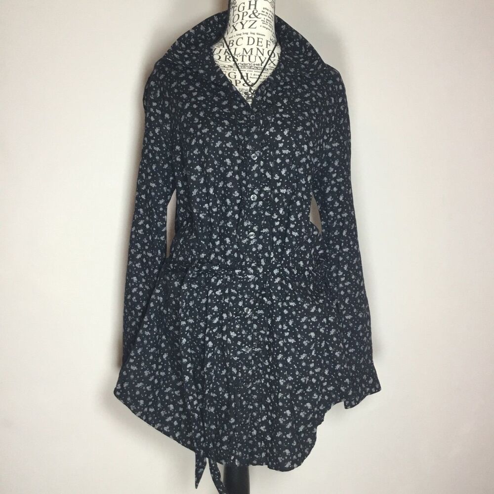 Black floral ruffle cotton dress floral pattern matching belt button down L